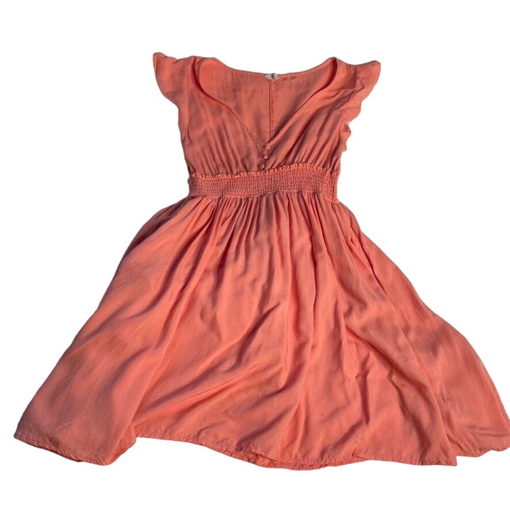 Roxy Women Coral Pink Smocked Waist Flutter Sleeve V-Neck Pocket Sundress Small